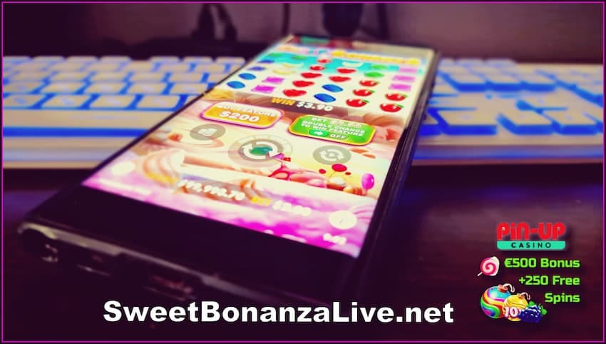 Download the Sweet Bonanza Casino app and play on your phone is in this image.