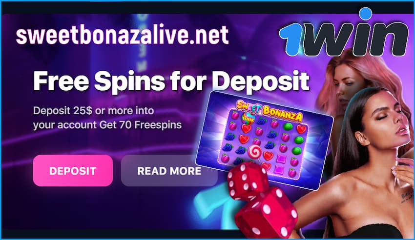 Get your bonus and play Sweet Bonanza Candyland in the casino 1xWIN is in this image.