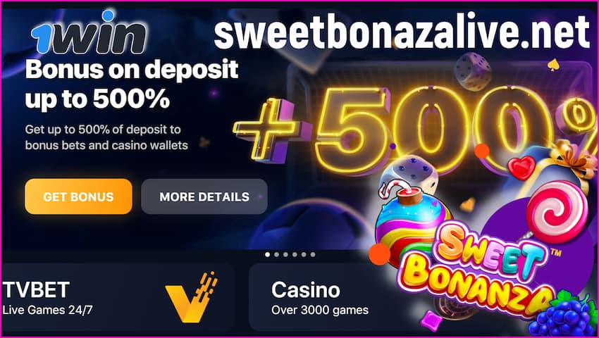 Get your bonus and play Sweet Bonanza Candyland in the casino 1xWIN is in this image.