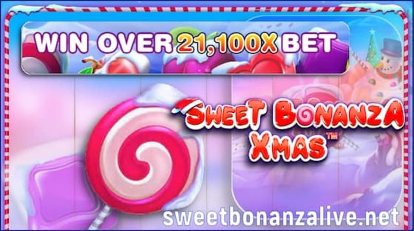 Get your winnings with a 21,100x multiplier from your bet in the Sweet Bonaza xMAS slot from the provider Pragmatic Play is in this image.