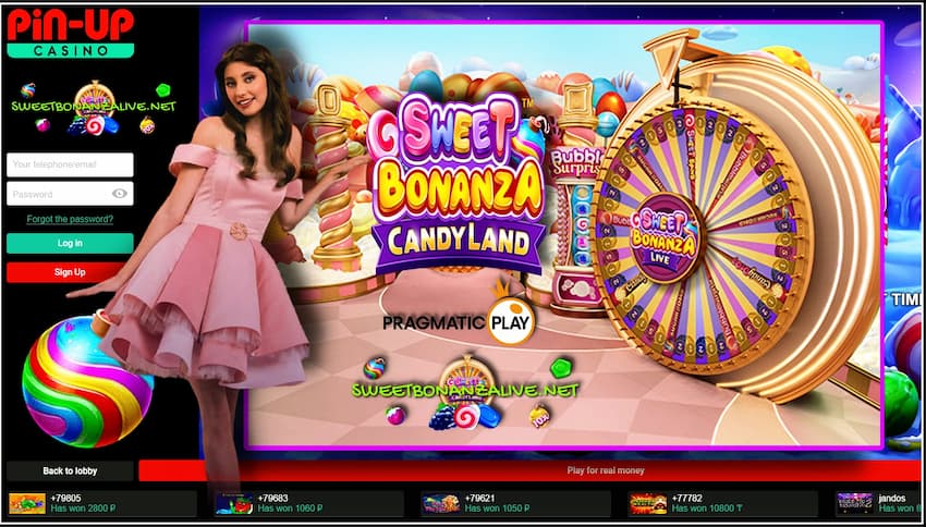 Play Sweet Bonanza Candyland and get a casino bonus is in this picture!