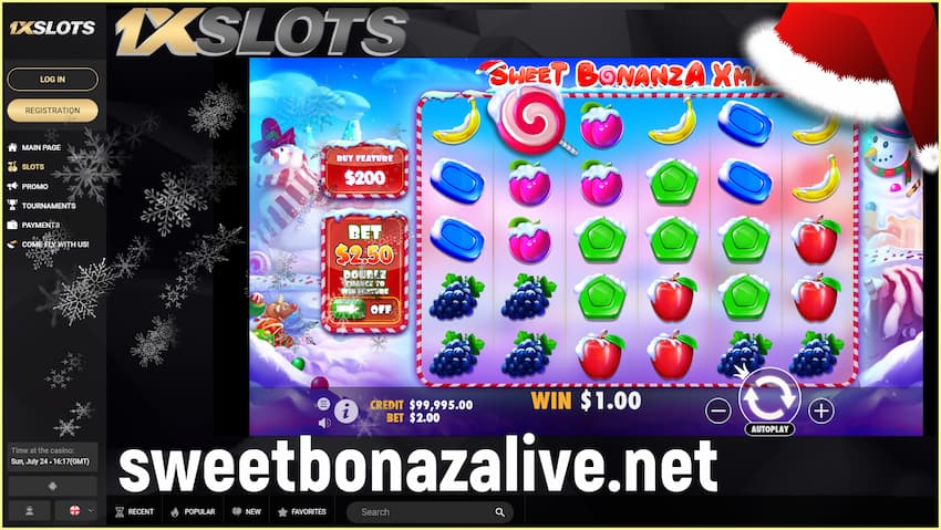 Play Sweet Bonanza Xmas slot machine in the casino 1xSLOTS is in this image!