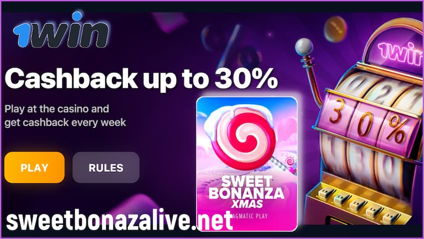 Play Sweet Bonanza at 1WIN casino and get 30% cashback is in this image!