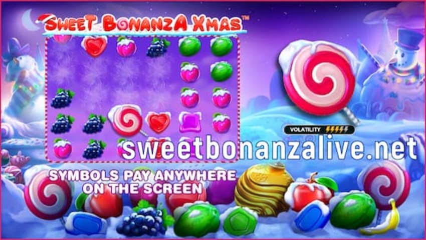 Symbols are paid anywhere on the screen in Sweet Bonanza Xmas slot is in this image.
