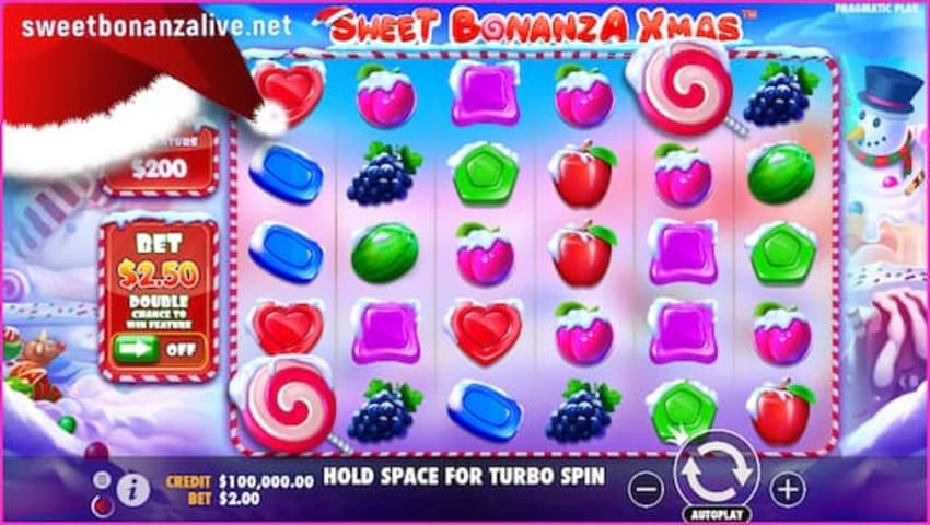 Turn on the Double Chance feature in the slot machine Sweet Bonanza Xmas is in this image.
