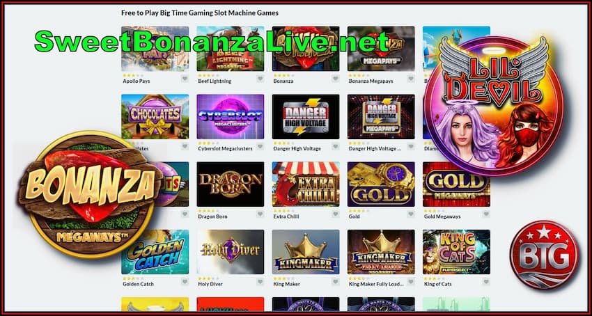 A large selection of slot machines from the company Big Time Gaming is presented on the website Sweetbonanzalive.net is in this image .