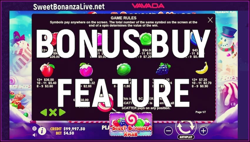 Activate the feature purchase bonus free spins in the Sweet Bonanza pictured.