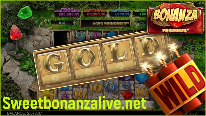 Find Symbols WILD and GOLD to win more money in the slot BONANZA Megaways in this image.
