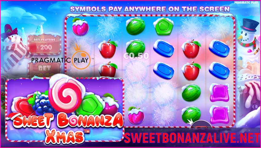 Sweet Bonanza Xmas ( itatẹtẹ Iho ẹrọ olupese Pragmatic Play) ninu aworan yii.