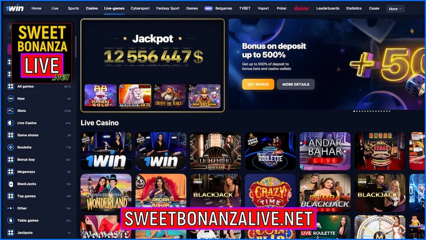 Play Sweet Bonanza Candyland i altres jocs amb la roda al Casino 1WIN a la imatge.