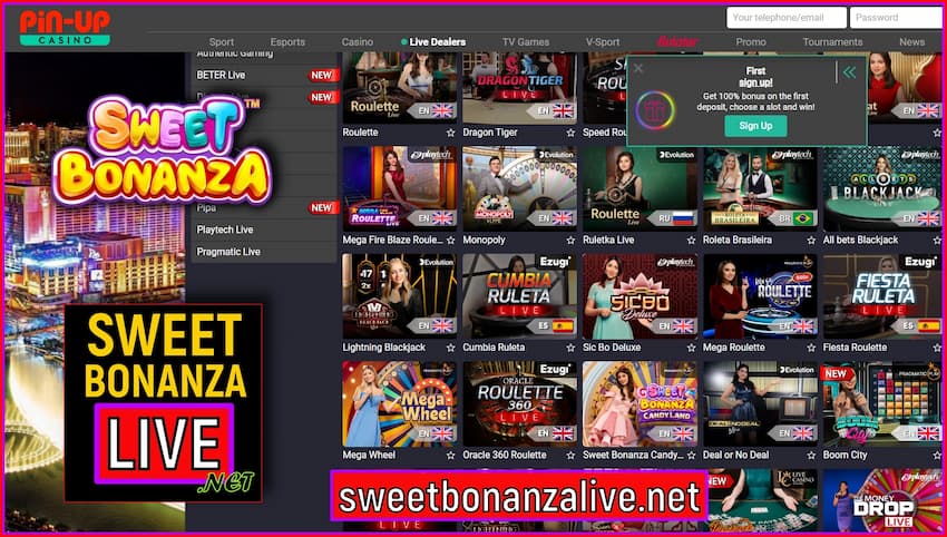 Play Sweet Bonanza at Pin-UP Casino in this image.