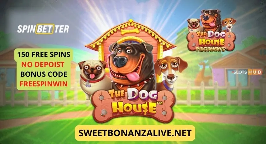 Enter bonus code FREESPINWIN and get 150 free spins at The Dog House slot made by Pragmatic Play pictured.