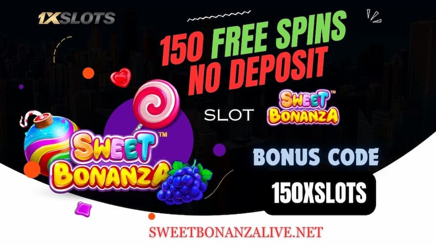 Illustration of a slot machine with the text '150 Free Spins' - highlighting the enticing offer in Sweet Bonanza at 1xSLOTS casino!