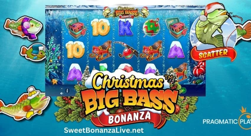 Colorful fishing-themed Christmas ornaments hanging on a tree, adding holiday cheer to the Christmas Big Bass Bonanza event.