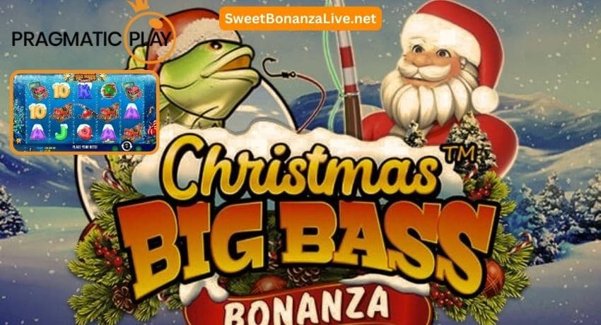 釣り竿を持った陽気なサンタ クロース、準備完了 Christmas Big Bass Bonanza.