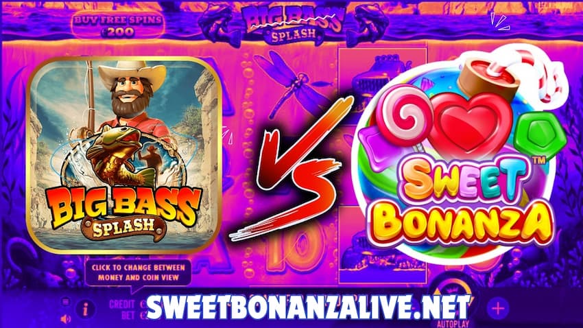 The Big Bass Splash and Sweet Bonanza slot machine logos are presented for staking in this image.