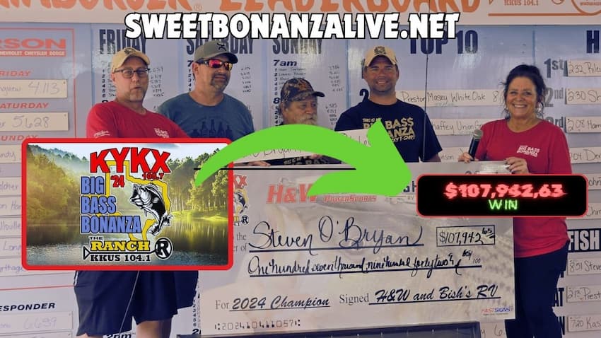 The winners of the Big Bass Bonanza KYNX 105.7 contest and the grand prize of $107,942.63 are pictured.