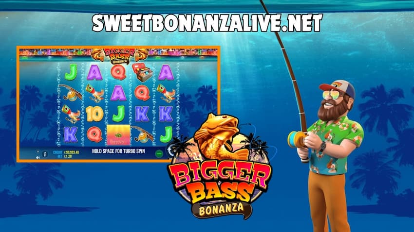 The playing field of Bigger Bass Bonanza slot machine and the fisherman who caught the big win is represented in this image.