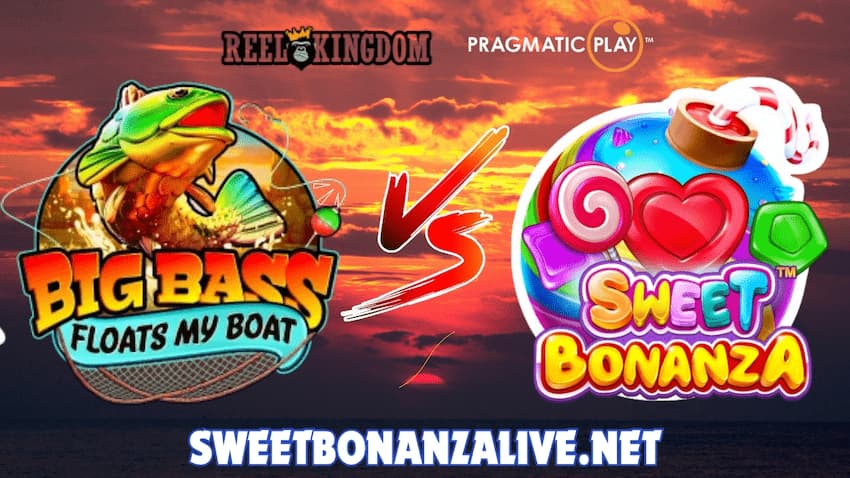 The logos of the new Big Bass Float My Boat slot machine from Reel Kingdom and Sweet Bonanza slot from provider Pragmatic Play are shown in this image.