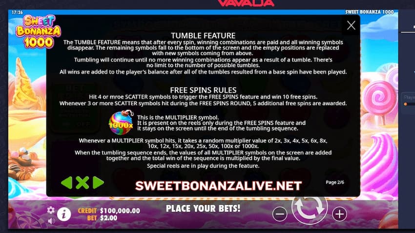 Free spins of the Sweet Bonanza 1000 slot machine is featured in this image.