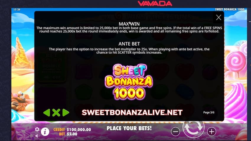 The maximum win of 25,000x the Sweet Bonanza 1000 slot machine is shown in this image.