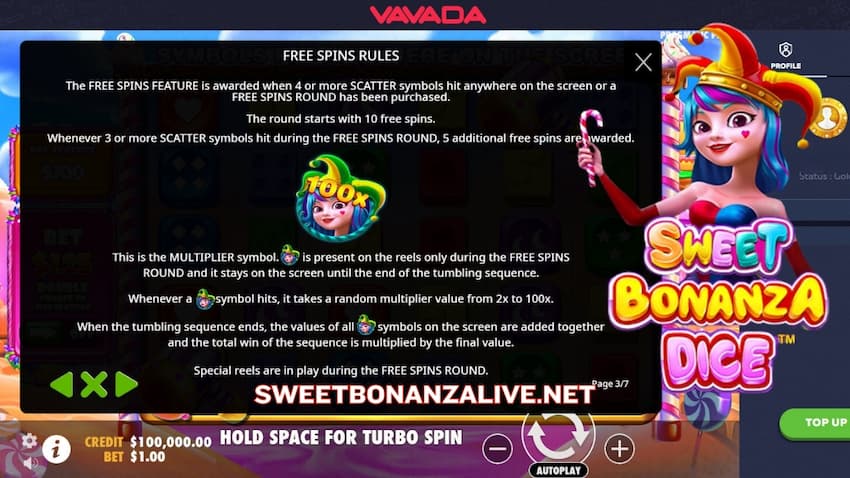 Rules of free spins slot machine Sweet Bonanza Dice from provider Pragmatic Play and presented on the photo.