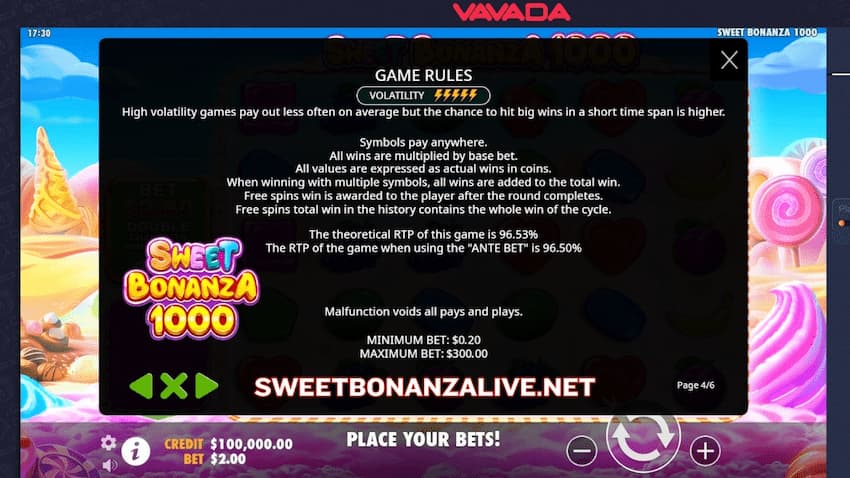 High volatility slot machine Sweet Bonanza 1000 for review at Sweetbonanzalive.net is in the photo.