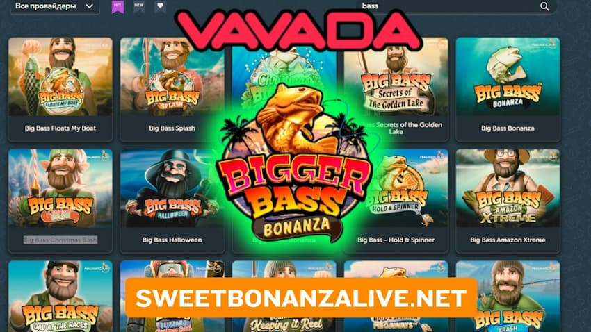 The logo of Bigger Bass Bonanza slot machine against the other slots in the Big Bass Bonanza series at VAVADA Casino is shown in this image.