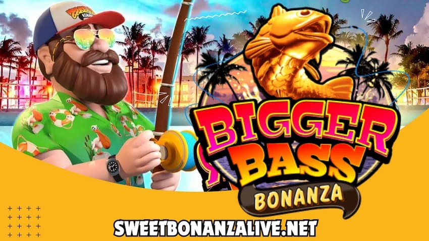 The jolly fisherman and logo of Bigger Bass Bonanza slot machine at 2024 online casino is pictured.