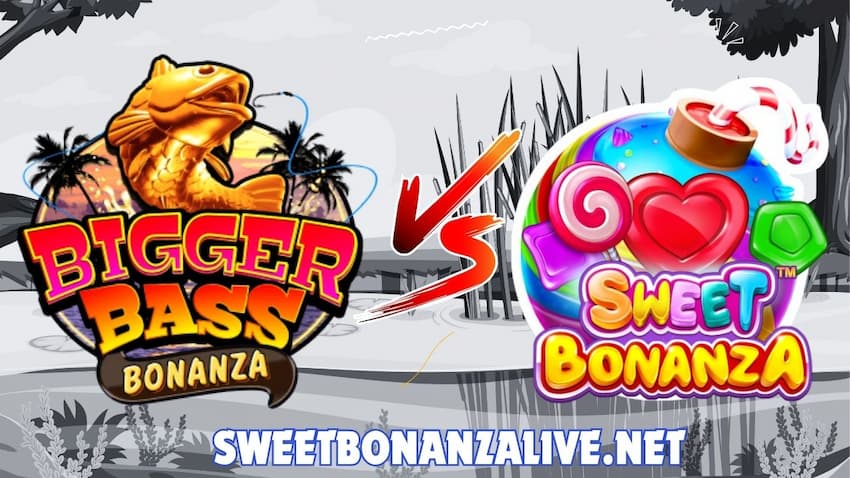 The logos of Bigger Bass Bonanza and Sweet Bonanza slot machines from provider Pragmatic Play are shown for comparison in this photo.