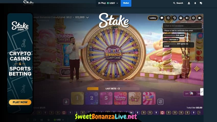 Game show Sweet Bonanza Candyland on STAKE crypto casino can be seen in this image.